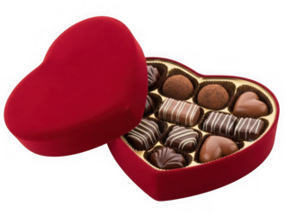 Red velvet heart shaped box filled with assorted gourmet chocolates for valentine's day celebration