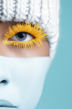 Blue eye with fake yellow eyelashes and white colored face &ndash; modern surreal beauty concept of "color pop"