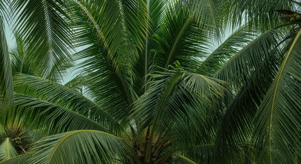 Dense tropical coconut palm tree canopy with lush green fronds overlapping against a soft blue sky background