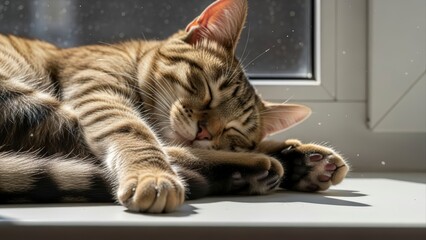 Cute tabby cat sleeping peacefully on a sunlit windowsill.