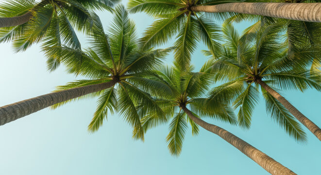 Towering tropical palm trees reaching into clear blue sky on a bright sunny day in a serene summer coastal environment - Powered by Adobe