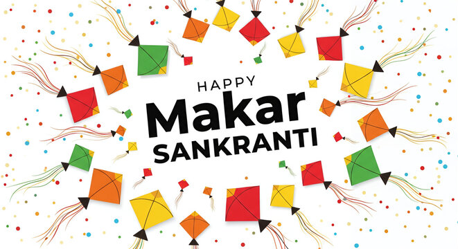 Image is a festive digital illustration celebrating Makar Sankranti. It features a white background with colorful kites in shades of red, orange, yellow, and green, each with long tails, scattered acr