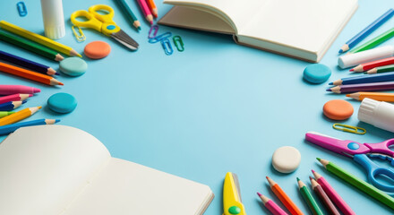 Colorful school supplies arranged around blank notebooks on blue desk background for creative learning, drawing, and back to school themes