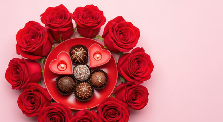 Romantic arrangement of red roses and assorted chocolate truffles on pastel pink background with heart shaped candles for celebration