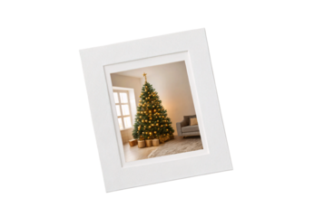 Tilted white frame Christmas tree photo golden lights interior, isolated on a transparent background