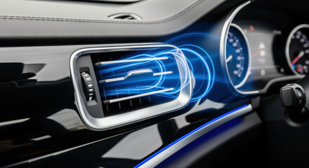 Naklejka premium modern car interior closeup with digital airflow visualization showing active climate control system and illuminated dashboard design