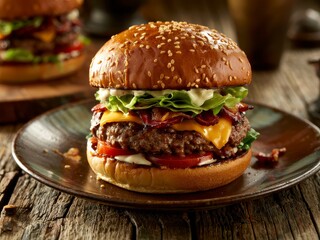 Gourmet bacon cheeseburger with sesame seed bun on rustic wooden table