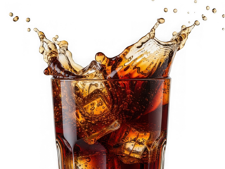 Refreshing cola splash ice cubes drink beverage refreshment glass action dynamic liquid movement cold drink