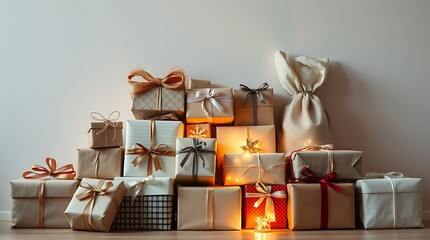 A festive arrangement of Christmas gifts in various sizes and wrapping styles, featuring warm lighting and a cozy atmosphere, perfect for seasonal promotions.