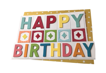 Layered paper craft HAPPY BIRTHDAY card with diamond embellishments, isolated on a transparent background