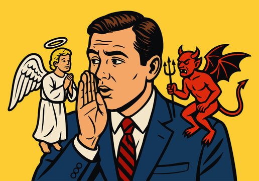 man facing moral dilemma, with angel and devil on his shoulders symbolizing good and bad choices. Generative ai vector colorful pop art illustration.