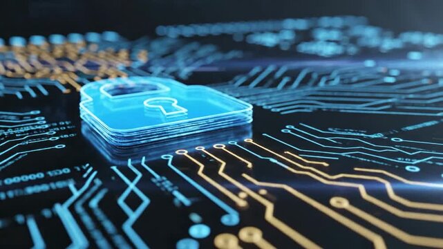 Digital Security Lock on Futuristic Circuit Board Technology Concept.