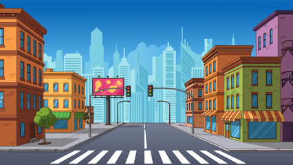 Obraz premium A vibrant cartoon cityscape with colorful buildings, a street, and a distant skyline under a clear blue sky.
