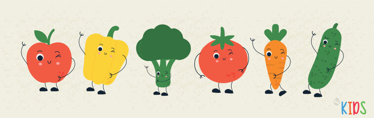 Playful flat vector illustration featuring cute smiling fruit and vegetable characters, including an apple, pepper, broccoli, tomato, carrot, and cucumber.