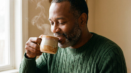 Smiling mature man enjoying a warm drink by a bright window in a cozy home interior on a peaceful morning
