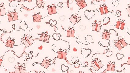 Seamless pattern of pink gift boxes with ribbons and hearts for valentines day or birthday celebration background