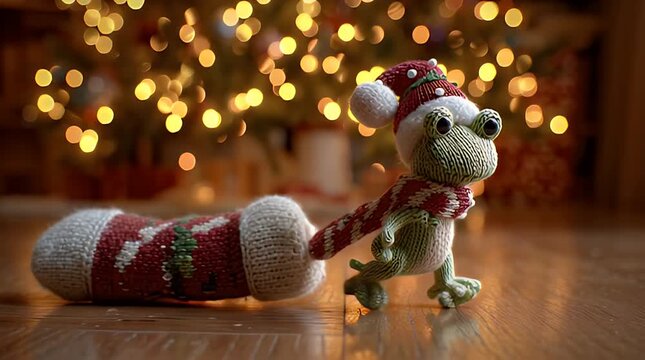 Frog toy pulling a Christmas stocking by a tree stuffed animal
