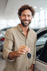 Smiling caucasian male adult holding car key in dealership showroom