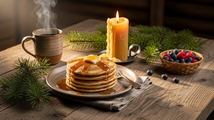 Cozy breakfast scene with pancakes, steaming mug, and lit candle on a rustic wooden table.