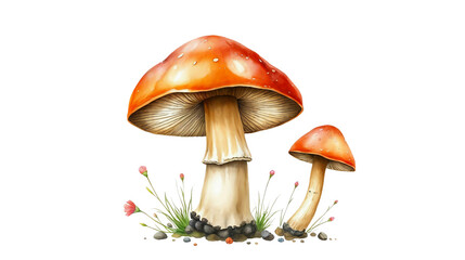 watercolor illustration of two mushrooms, likely a type of Amanita species. 