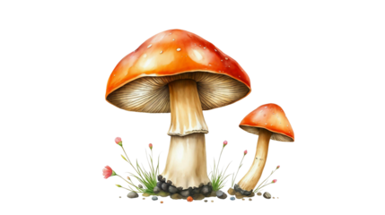 watercolor illustration of two mushrooms, likely a type of Amanita species. 