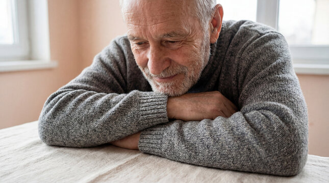 thoughtful senior man resting at a table indoors, wearing a gray sweater and smiling softly in natural window light - Powered by Adobe
