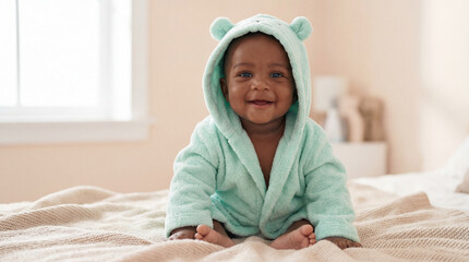 Smiling baby in mint green hooded towel sitting on cozy bed in bright softly lit bedroom interior during relaxing morning