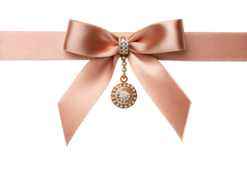 Rose gold satin ribbon bow with crystal pendant, isolated on a transparent background