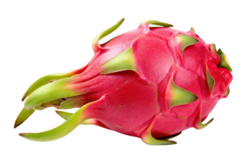 Vibrant pink dragon fruit with green scales isolated on white background