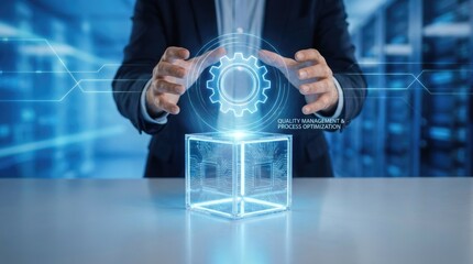 Businessman manipulating glowing digital gear and cube with circuit board pattern in server room technology