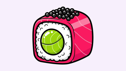Cartoon sushi roll with green filling and black caviar topping.