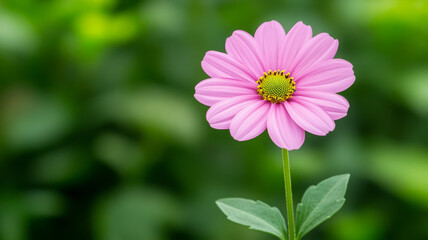 Obraz premium Pink daisy flower with green leaf and blurred nature background, fresh and peaceful mood