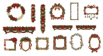 Festive Holiday Frame Collection, Sketchy Garland and Wreath Design Elements.
