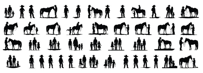 cowboy family silhouette clipart bundle