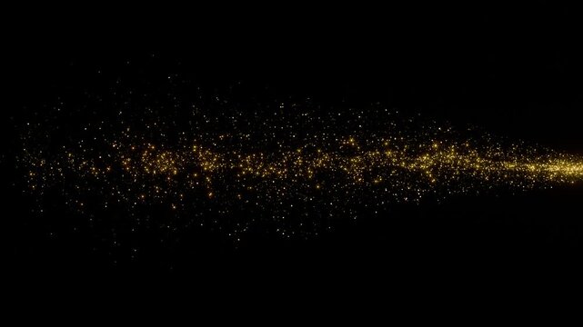 A star trail. Gold sparkles. Black background. Flying particles. Magic light. Fairy tail. Award for sparkling glitter trail particle. 3D Animation