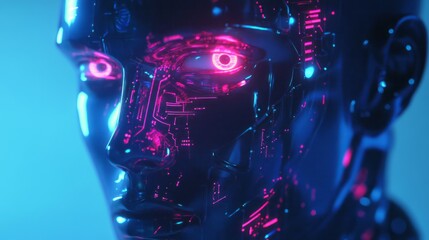Features a futuristic male robot face set against a vast cyberspace backdrop, illuminated by vibrant circuits and glowing neon colors, showcasing the beauty of advanced technology and digital design