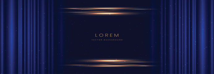 Dark blue curtain background with gold lighting effect. Celebration grand openning party happy concept.
