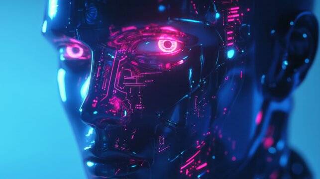 Features a futuristic male robot face set against a vast cyberspace backdrop, illuminated by vibrant circuits and glowing neon colors, showcasing the beauty of advanced technology and digital design - Powered by Adobe