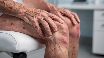 An elderly hand senior knee arthritis pain with wrinkled aging skin healthcare joint inflammation osteoarthritis swollen knee chronic pain mobility issue medical clinic exam concern support care