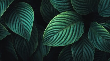 Lush, emerald foliage fills the frame, revealing intricate vein patterns and rich, dark green hues