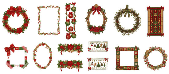 Festive Holiday Frame Collection, Sketchy Garland and Wreath Design Elements.