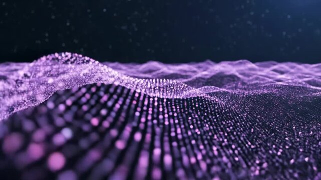 Digital abstract landscape of glowing purple dots on a dark background