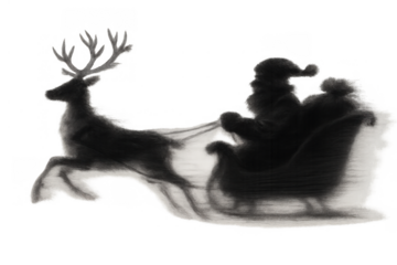 Santa claus wearing a hat and suit, driving a flying reindeer pulling a sleigh, delivering gifts on christmas eve