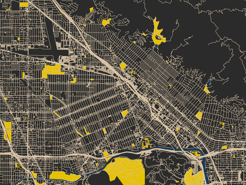 Poster-style map of Burbank, California using dark map with yellow accents