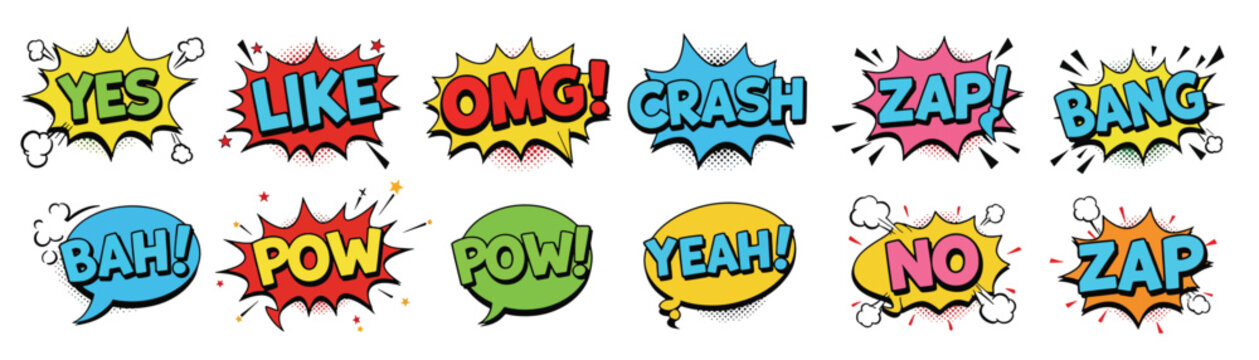 collection of comic book speech bubbles with onomatopoeia