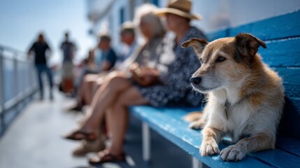 Relaxed dog on bench with seated people in background on sunny day