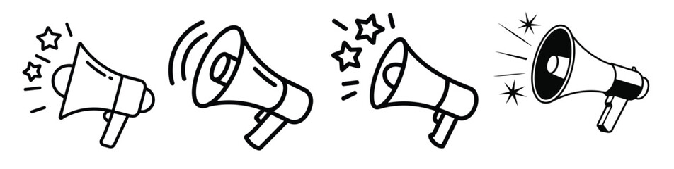 four megaphone icons with stars and sound waves bullhorn 