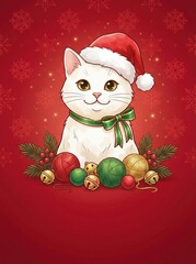 cat Christmas greeting invitation card, holidays, cute santa, illustration message card