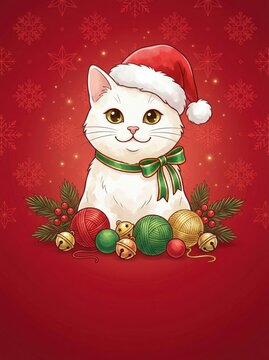 cat Christmas greeting invitation card, holidays, cute santa, illustration message card