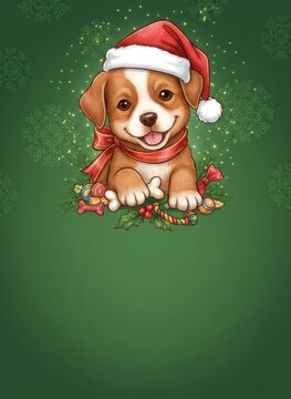 puppy Christmas greeting invitation card, holidays, cute santa, illustration message card